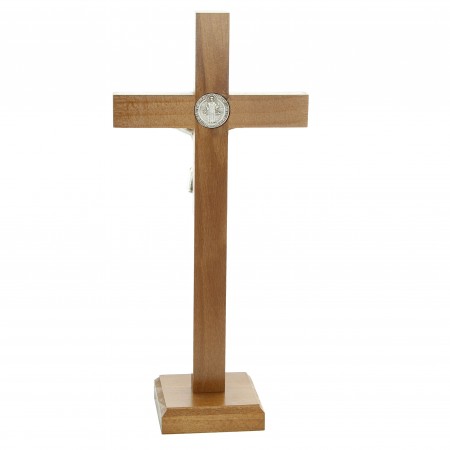 Croix de Saint Benoit de 26cm sur pied en bois et Christ argenté