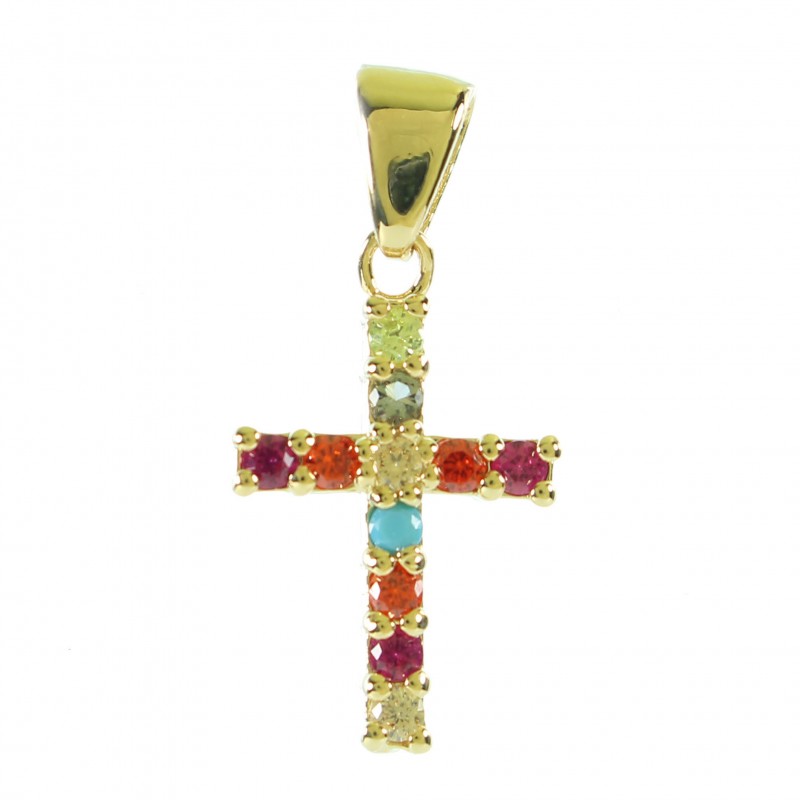 Croce placcata in oro e ciondolo con strass multicolori