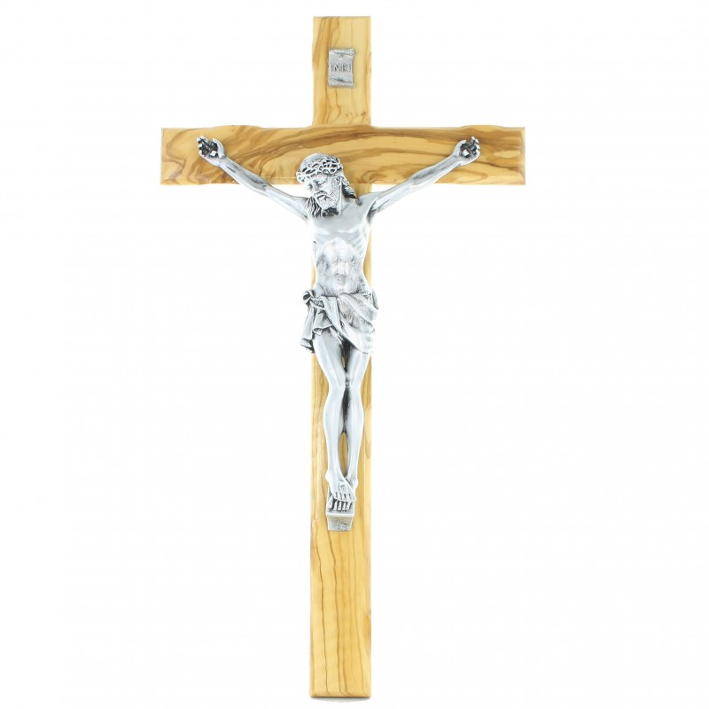 Large olive wood crucifix with silver-plated Christ 50 cm