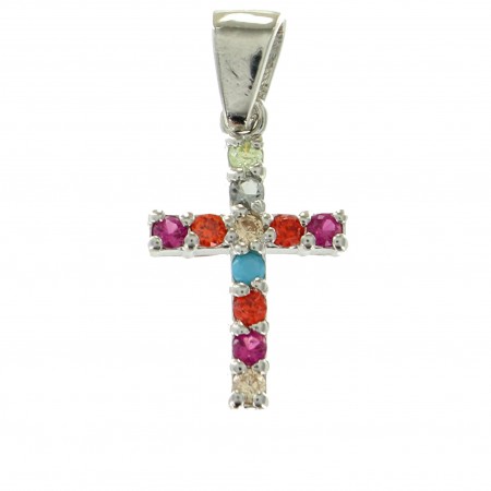 Ciondolo Croce in argento con strass multicolori