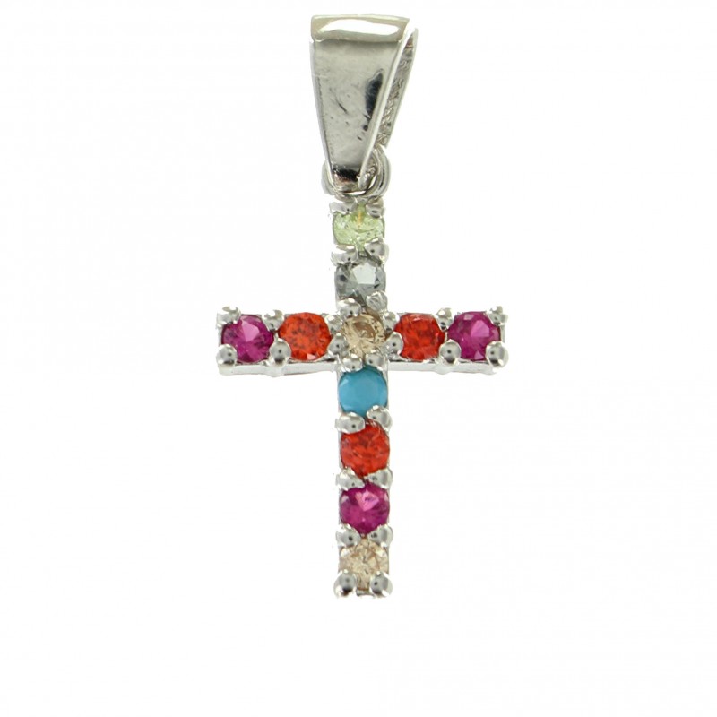Ciondolo Croce in argento con strass multicolori