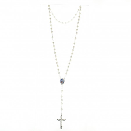 White glass Lourdes rosary with trefoil cross