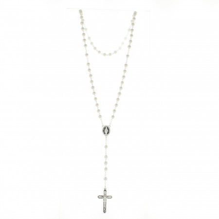 Rosario di Lourdes in vetro bianco con croce a trifoglio