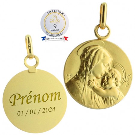 Medaglia della Madonna e del Bambino in oro 9 carati - Battesimo - Incisione personalizzata - 16mm
