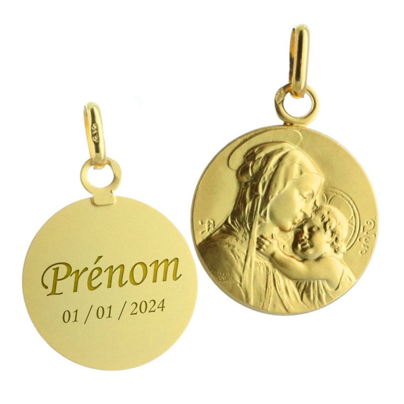 Medaglia della Madonna e del Bambino in oro 9 carati - Battesimo - Incisione personalizzata - 16mm
