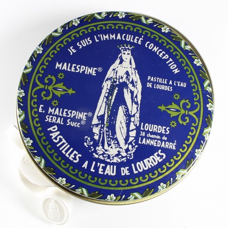 Pastiglie con acqua di Lourdes, scatola di metallo da 100g