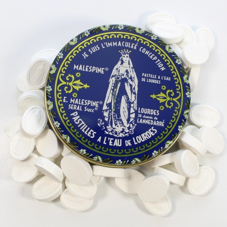 Old fashioned style box with 100G of mints made with Lourdes water