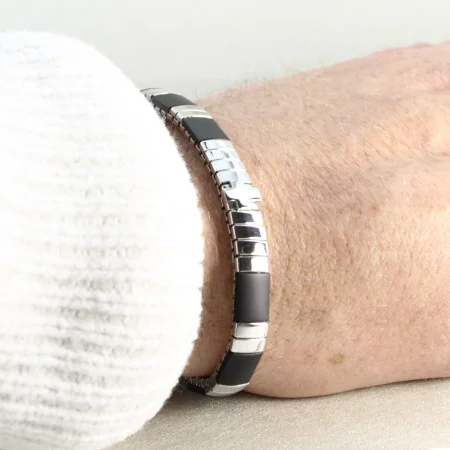Men's black bracelet with steel cross