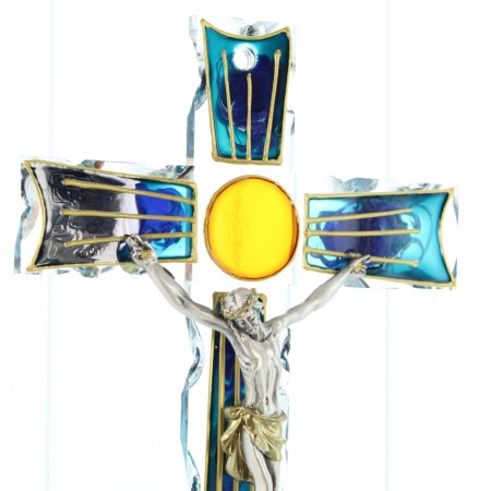 Crucifix en verre coloré et doré avec Jésus Christ en métal