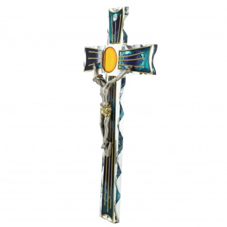 Crucifix en verre coloré et doré avec Jésus Christ en métal