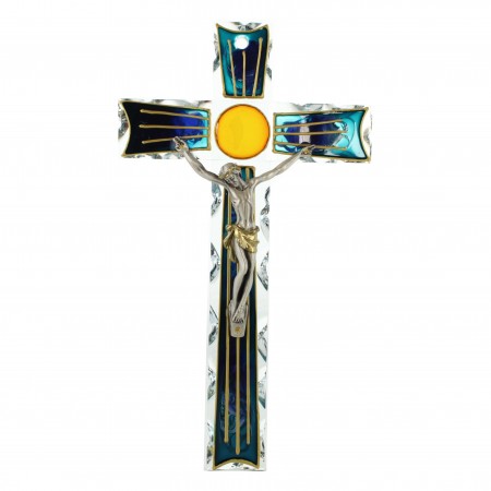 Crucifix en verre coloré et doré avec Jésus Christ en métal