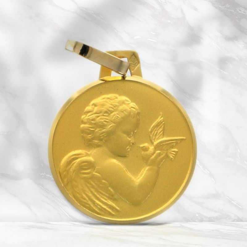 Médaille d'Ange à la Colombe en Or 18 carats 14 mm avec Gravure Personnalisée