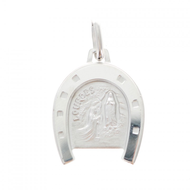 Medaglia dell'Apparizione di Lourdes in un ferro di cavallo d'argento con incisione personalizzata