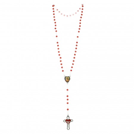 Chapelet Sacré Coeur de Jésus en verre rouge 5 dizaines avec sa boite illustrée