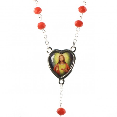 Chapelet Sacré Coeur de Jésus en verre rouge 5 dizaines avec sa boite illustrée