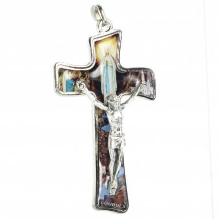 Croce dell'Apparizione di Lourdes e Cristo crocifisso in metallo e resina 7cm