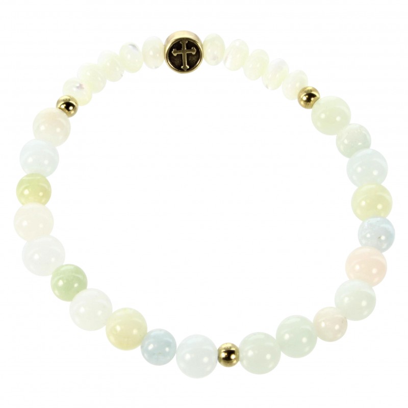 Bracciale in pietra naturale chiara e croce in metallo