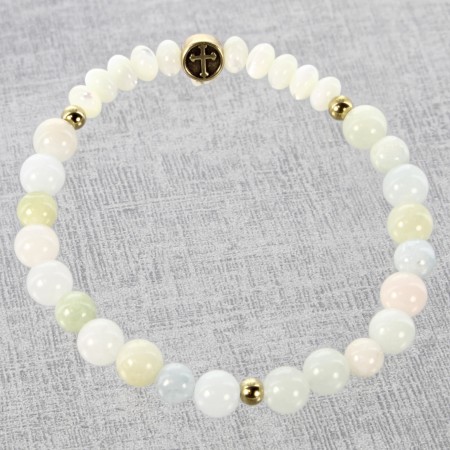 Bracciale in pietra naturale chiara e croce in metallo