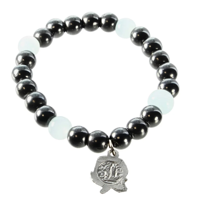 Hematite and coloured pearl bracelet with medal of the Apparition of Lourdes