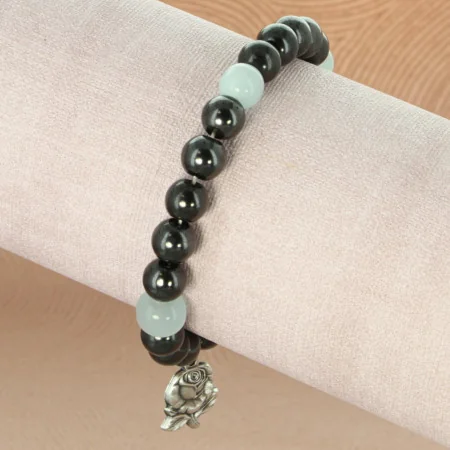 Hematite and coloured pearl bracelet with medal of the Apparition of Lourdes