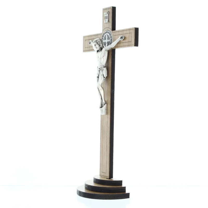 Crucifix En Bois De Saint Benoît 20cm Avec Christ Et Médaille - Objet Religieux Catholique - Livré Depuis Lourdes