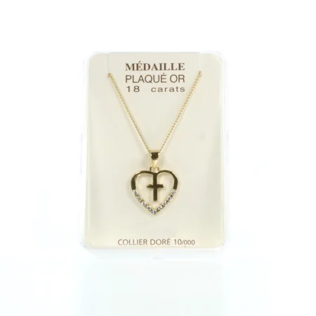 Pendentif en Plaqué Or d'une Croix dans un Coeur avec des strass