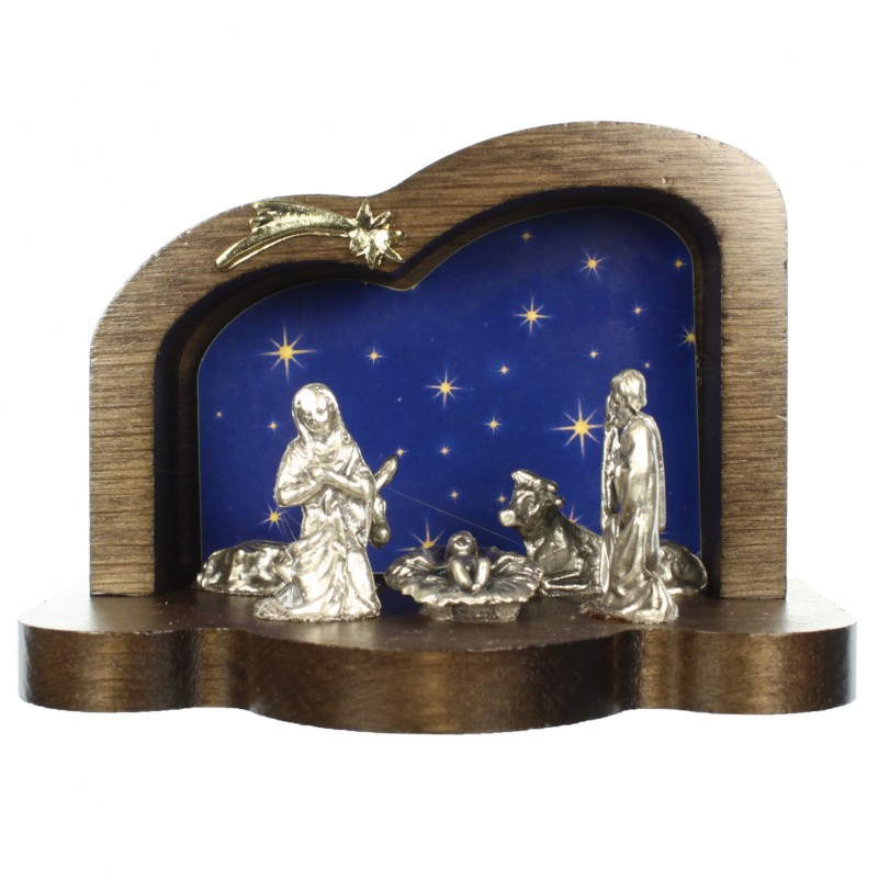 Natività presepe in legno con Sacra Famiglia in metallo 11cm