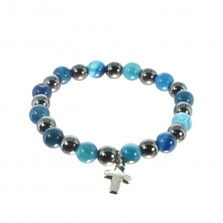 Bracciale in ematite e agata blu con croce in metallo