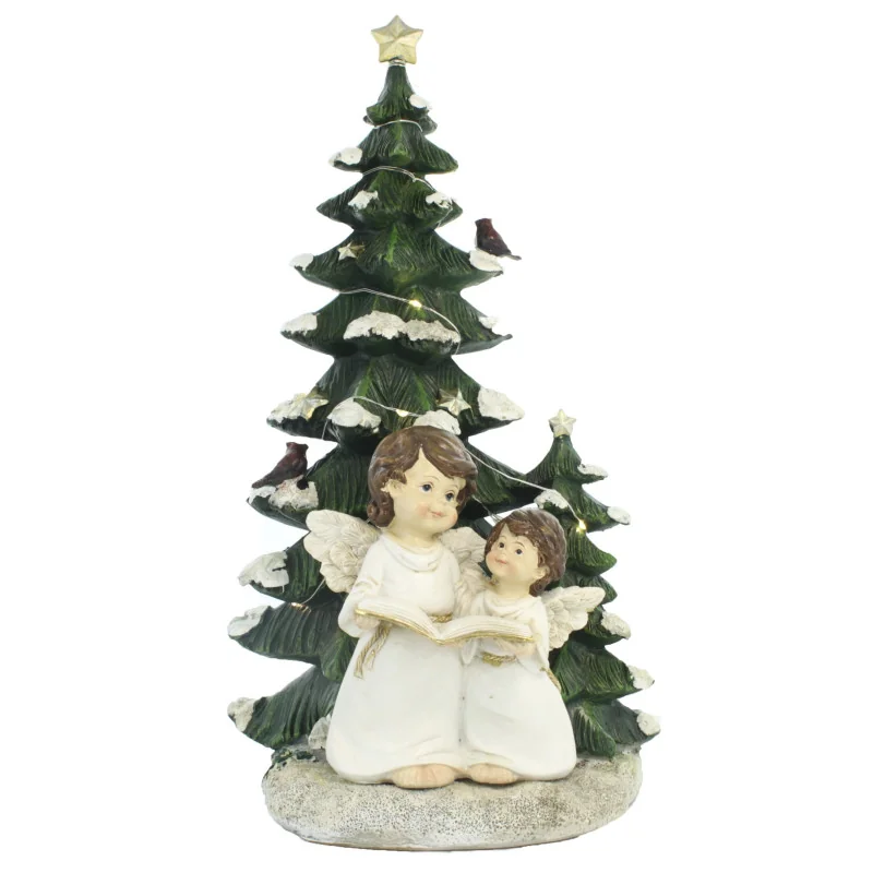 Statua di Angeli e Albero di Natale Luminoso in Resina 36cm