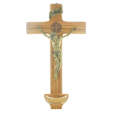 Crucifix de Saint Benoit avec Bénitier de 51cm en Bois d'Olivier