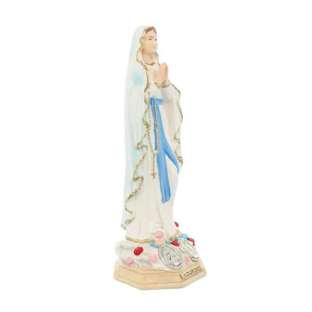 Statua di Nostra Signora di Lourdes con 2 medaglie in resina 15 cm