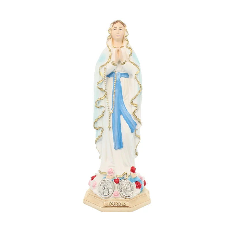 Statua di Nostra Signora di Lourdes con 2 medaglie in resina 15 cm