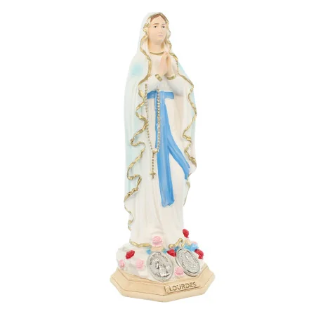 Statua di Nostra Signora di Lourdes con 2 medaglie in resina 15 cm