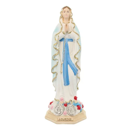 Statua di Nostra Signora di Lourdes con 2 medaglie in resina 15 cm