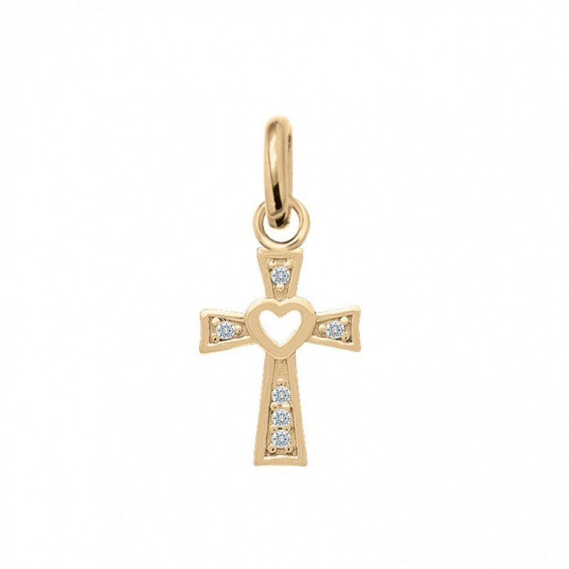 Ciondolo a croce placcato oro con strass e cuore traforato 12 mm