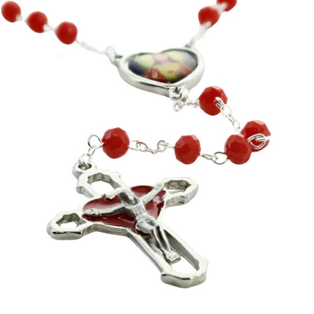 Chapelet Sacré Coeur de Jésus en verre rouge 5 dizaines avec sa boite illustrée
