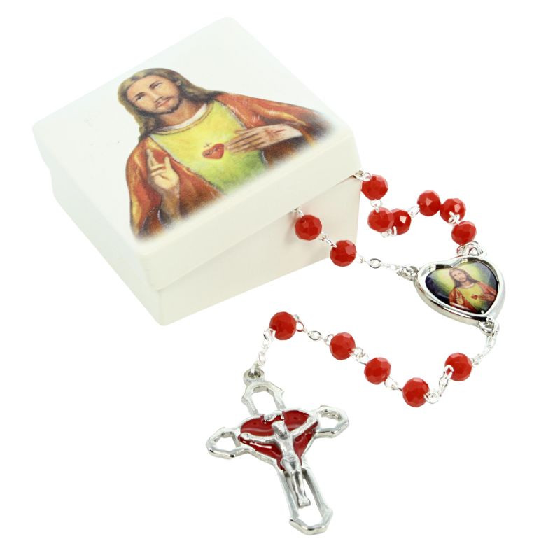 Chapelet Sacré Coeur de Jésus en verre rouge 5 dizaines avec sa boite illustrée