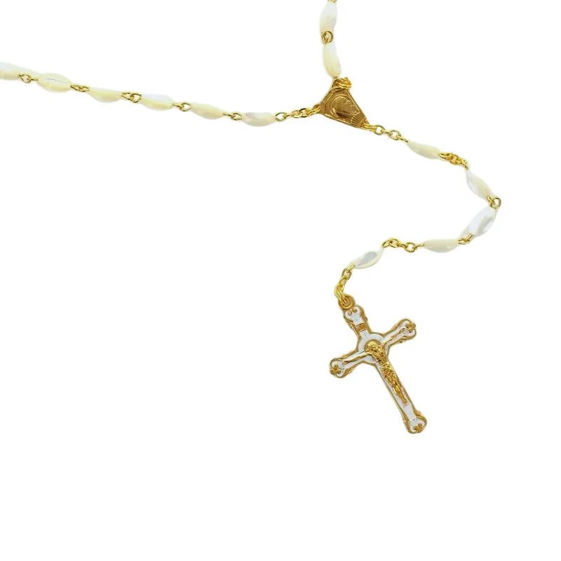Rosario d'oro con grani di vera madreperla e croce