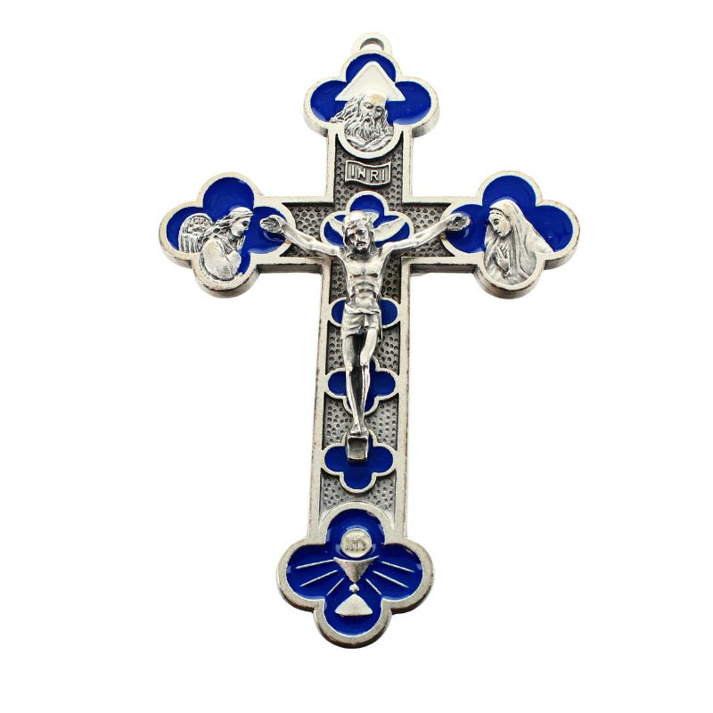 Croce quadriloba in metallo smaltato blu di 13 cm