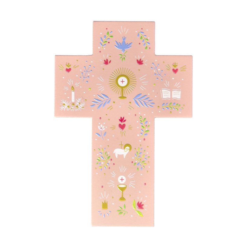 Croix Communion Croix rose Première Communion – Murale avec symboles liturgiques