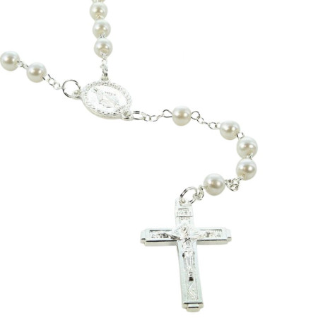 Chapelet de Lourdes en verre blanc avec croix trilobée