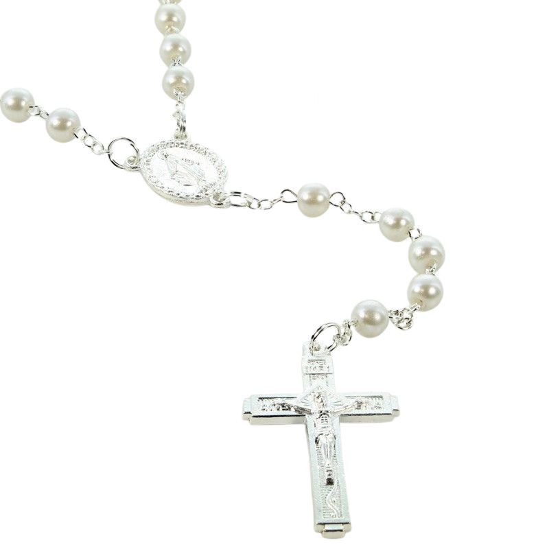 Rosario di Lourdes in vetro bianco con croce a trifoglio
