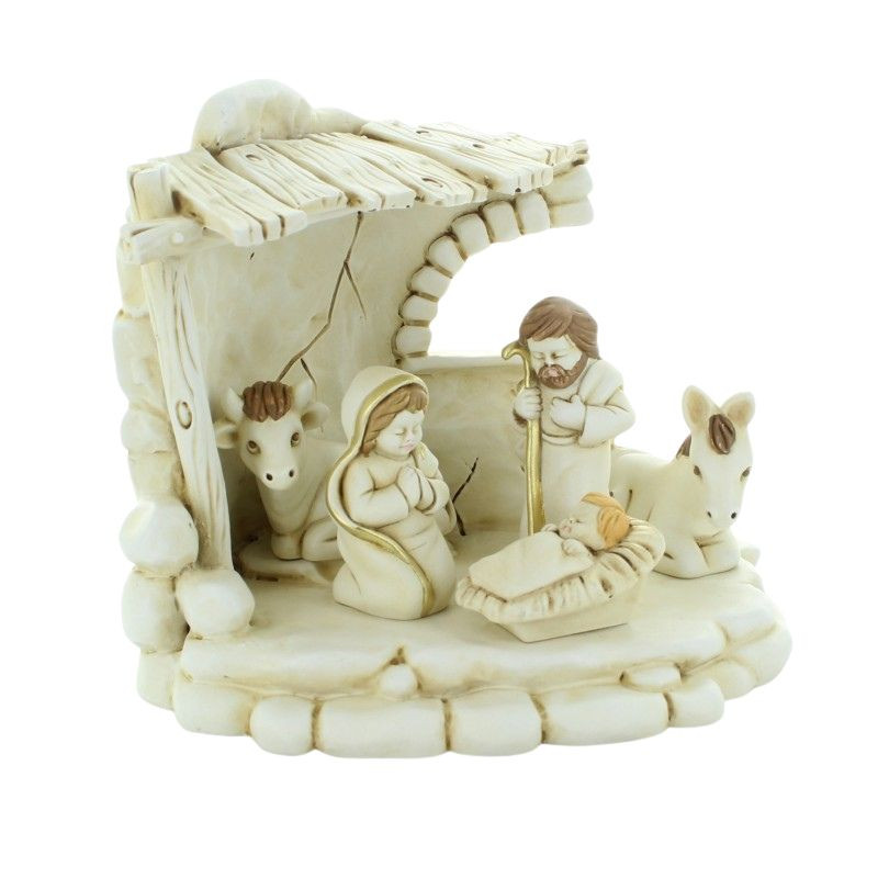Presepe bianco e dorato in resina 18 cm
