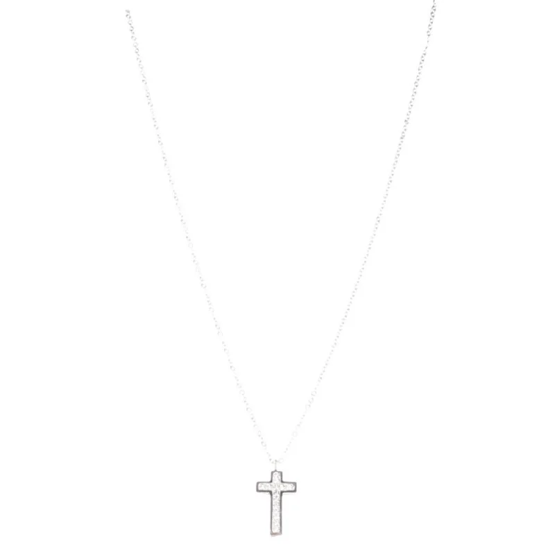 Collier Vintage Des Années 50 - Maille Jaseron Argenté Avec Une Croix En Strass - Occasion En Bon état