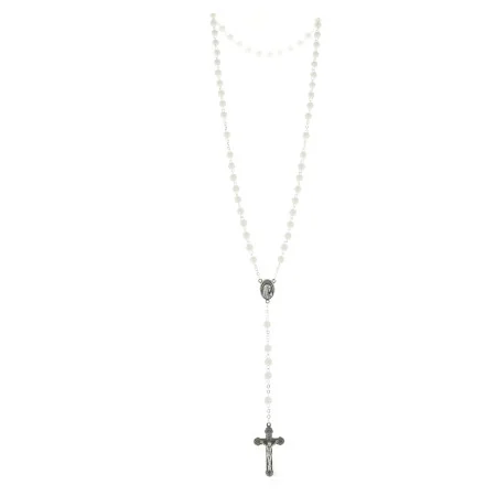 Chapelet de Lourdes en verre blanc avec croix trilobée