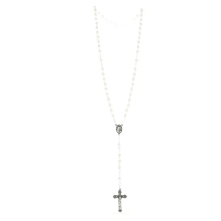 Chapelet de Lourdes en verre blanc avec croix trilobée