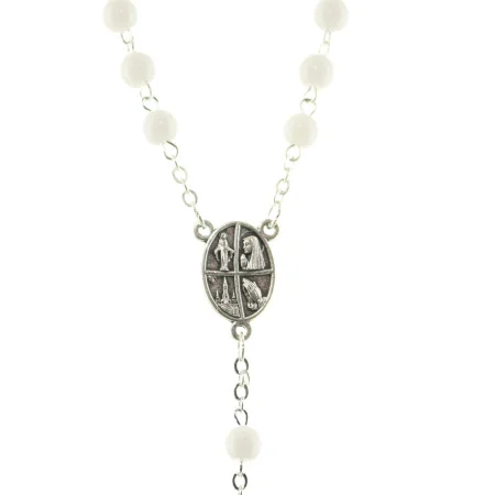 Chapelet de Lourdes en verre blanc avec croix trilobée