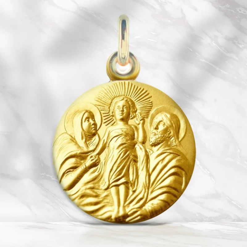 Medaglia della Sacra Famiglia placcata in oro con incisione personalizzabile