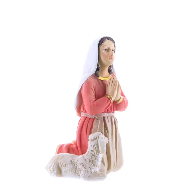 Statue de Bernadette et un mouton en résine colorée 18cm