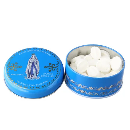 Pastiglie con acqua di Lourdes, scatola di metallo da 100g